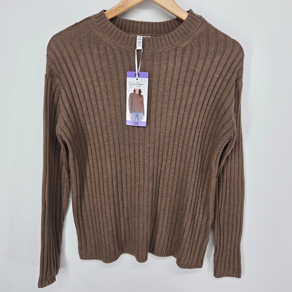 Jessica Simpson Sweater Women XS Brown Ribbed Crew Neck Long Sleeve Pullover NEW